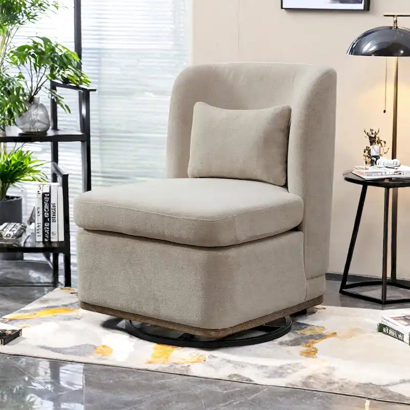 Chaise sans accoudoirs pivotante à 360° en chenille avec base métallique, coussin en mousse haute densité et oreiller inclus
