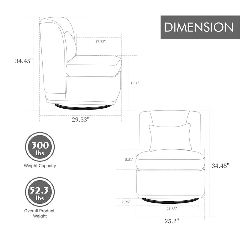 Chaise sans accoudoirs pivotante à 360° en chenille avec base métallique, coussin en mousse haute densité et oreiller inclus