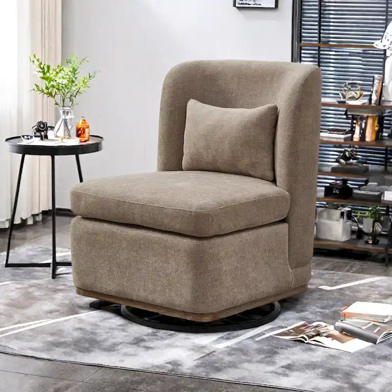 Chaise sans accoudoirs pivotante à 360° en chenille avec base métallique, coussin en mousse haute densité et oreiller inclus