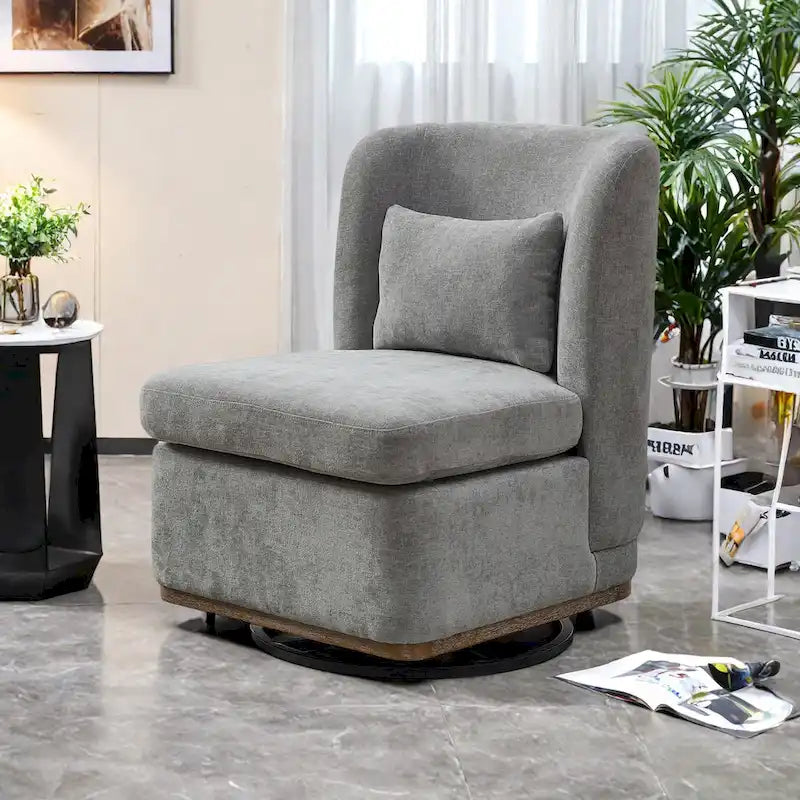 Chaise sans accoudoirs pivotante à 360° en chenille avec base métallique, coussin en mousse haute densité et oreiller inclus