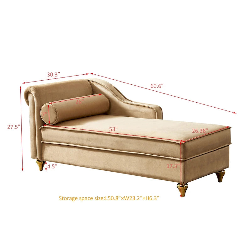 Moderne chaise longue van kaki fluweel van 60.6 met metalen poten en opbergruimte