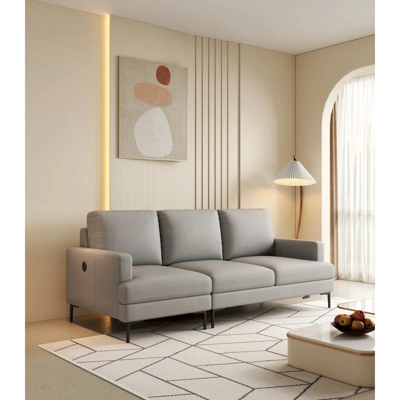 Divano 3 posti in vera pelle Luxury 77 grigio chiaro con caricatore USB per soggiorno
