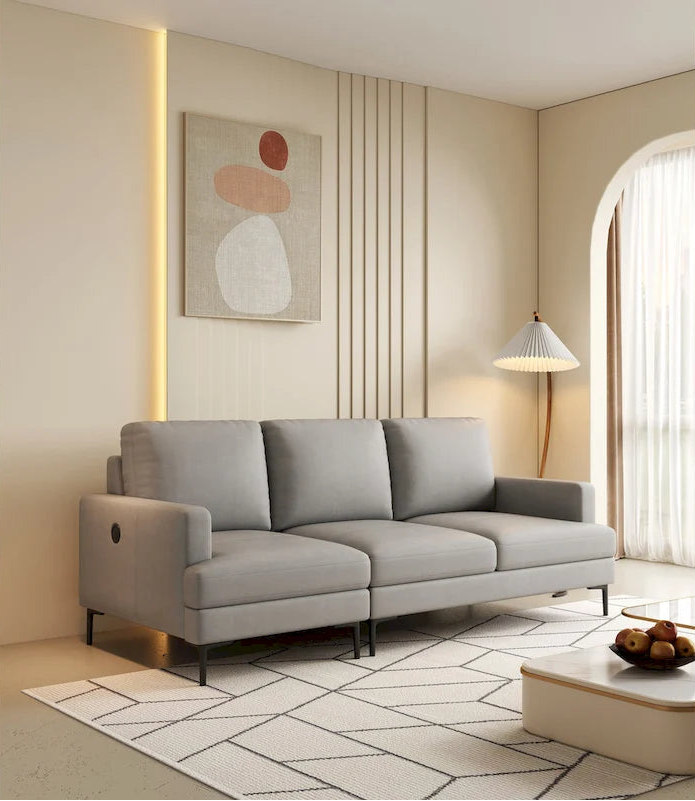 Light Gray Luxury 77 Genuine Leather 3-seater Sofa with USB Charger for Living Room