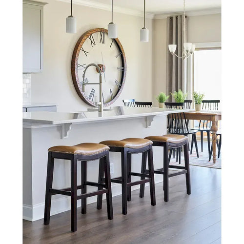 26 Counter Height Espresso Bar Stool with Tan Faux Leather Seat