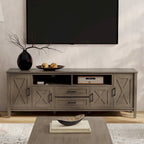 TV-meubel van massief hout, 72 inch breed, in overgangsstijl en rookbruin, voor tv's tot 80 inch