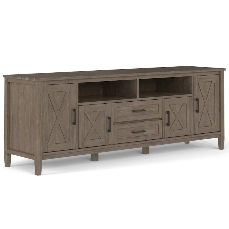 TV-meubel van massief hout, 72 inch breed, in overgangsstijl en rookbruin, voor tv's tot 80 inch