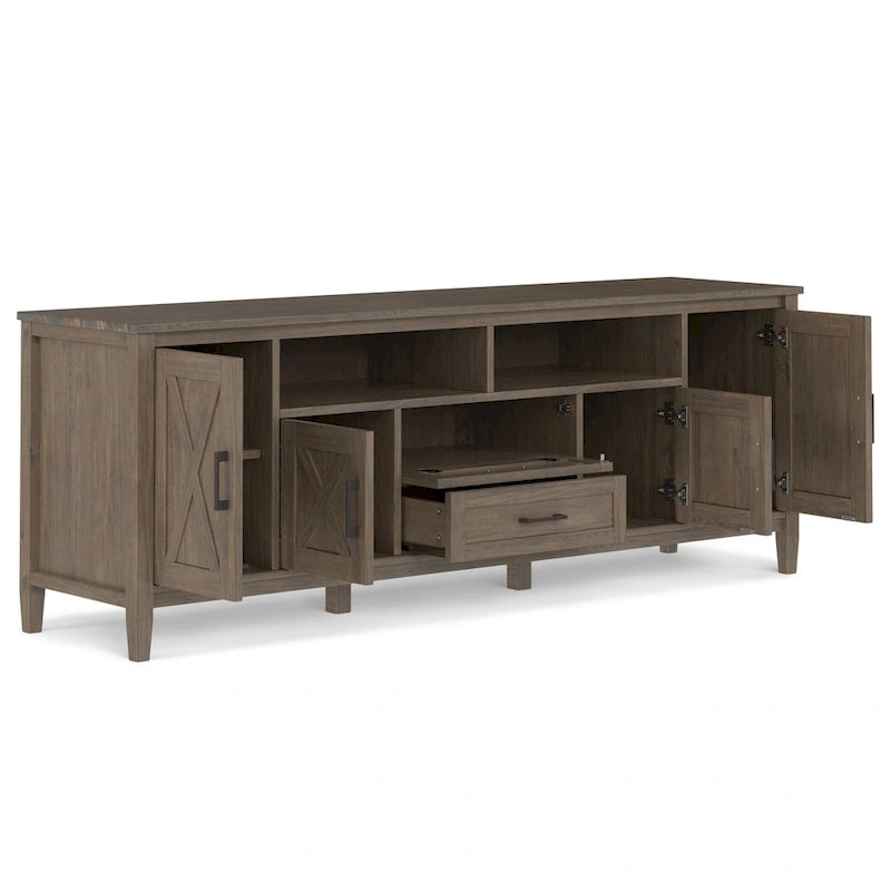 TV-meubel van massief hout, 72 inch breed, in overgangsstijl en rookbruin, voor tv's tot 80 inch