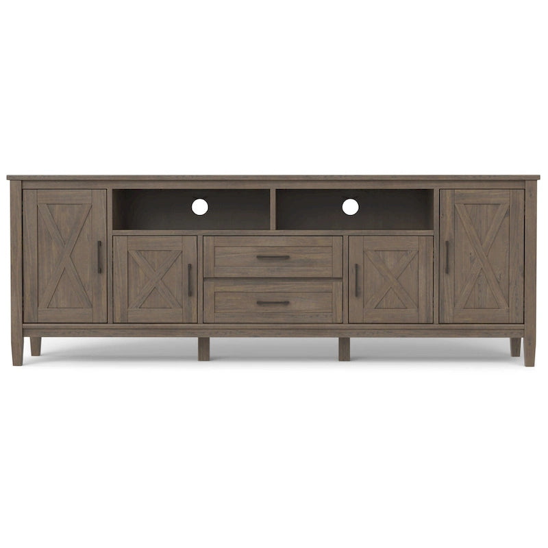 TV-meubel van massief hout, 72 inch breed, in overgangsstijl en rookbruin, voor tv's tot 80 inch