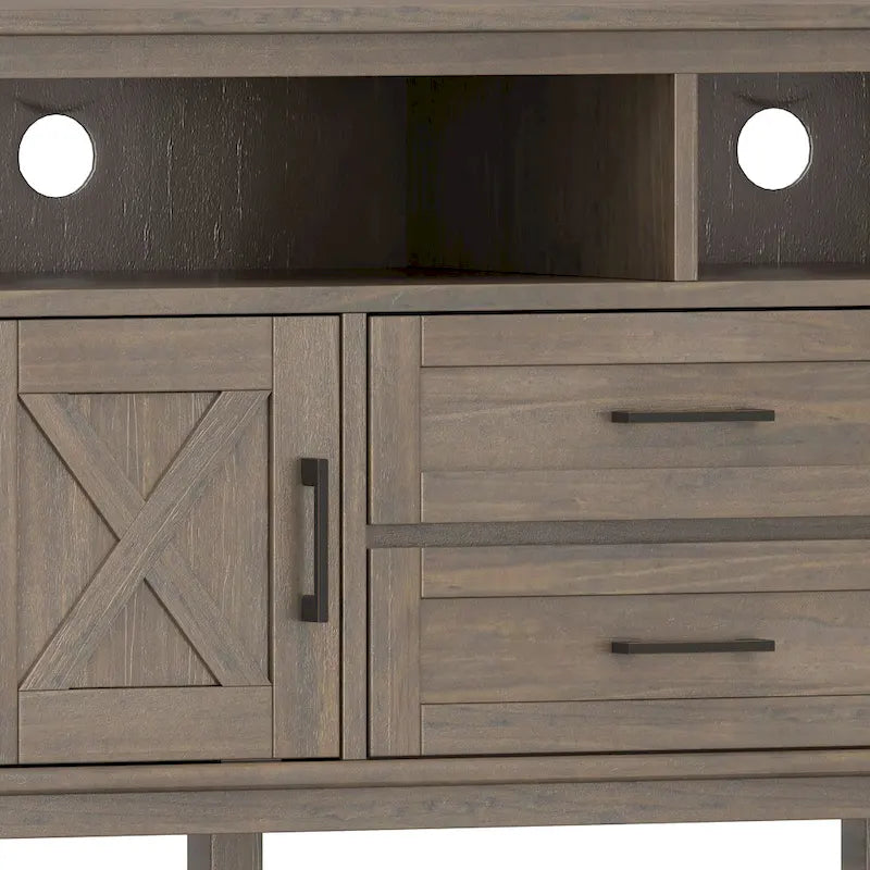 TV-meubel van massief hout, 72 inch breed, in overgangsstijl en rookbruin, voor tv's tot 80 inch