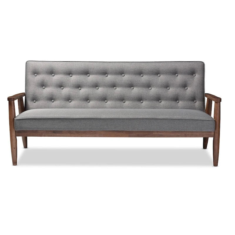 Retro-modernes graues Sofa aus der Mid-Century-Ära, 3-Sitzer, mit holzverkleidetem Stoffbezug