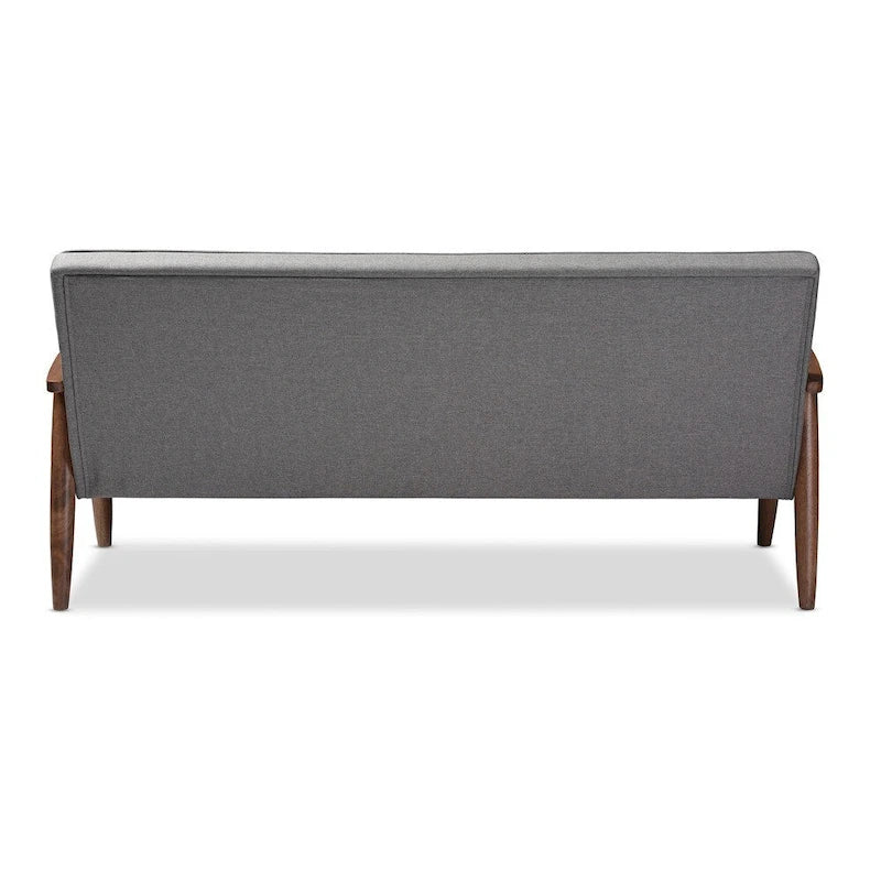Retro-modernes graues Sofa aus der Mid-Century-Ära, 3-Sitzer, mit holzverkleidetem Stoffbezug