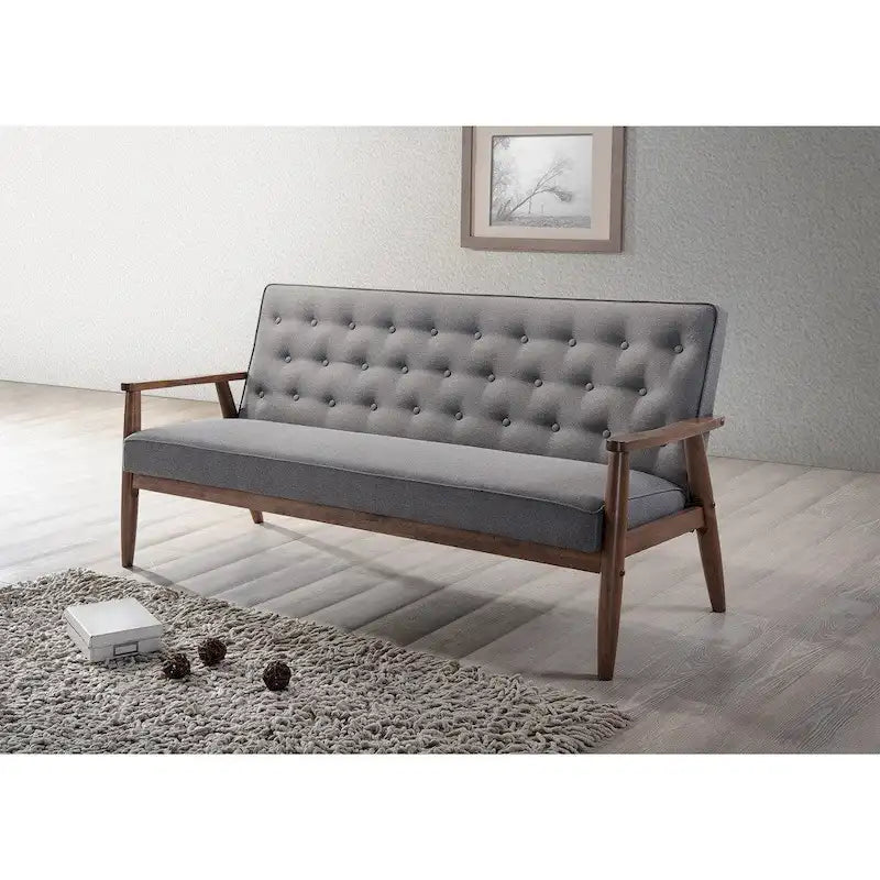 Retro-modernes graues Sofa aus der Mid-Century-Ära, 3-Sitzer, mit holzverkleidetem Stoffbezug