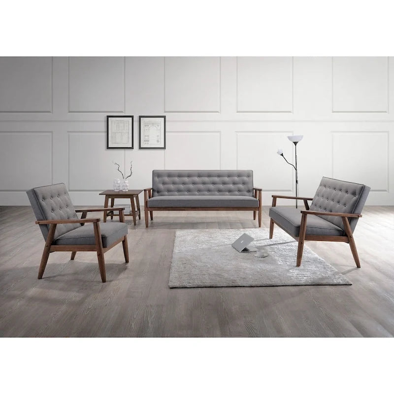 Retro-modernes graues Sofa aus der Mid-Century-Ära, 3-Sitzer, mit holzverkleidetem Stoffbezug