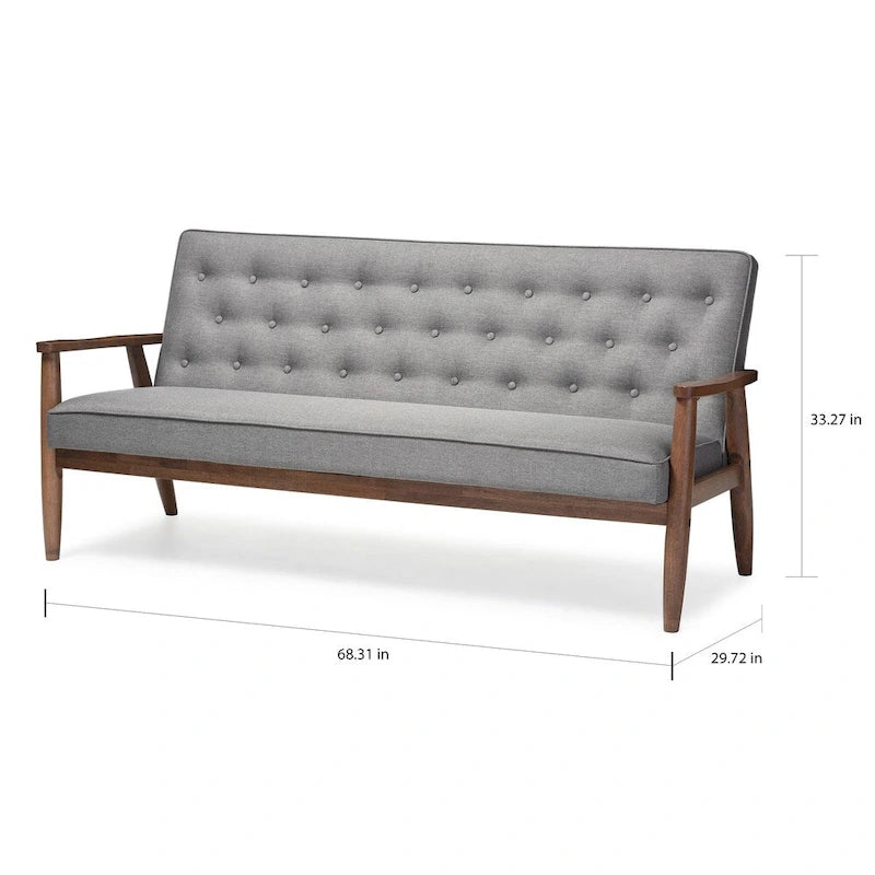 Retro-modernes graues Sofa aus der Mid-Century-Ära, 3-Sitzer, mit holzverkleidetem Stoffbezug