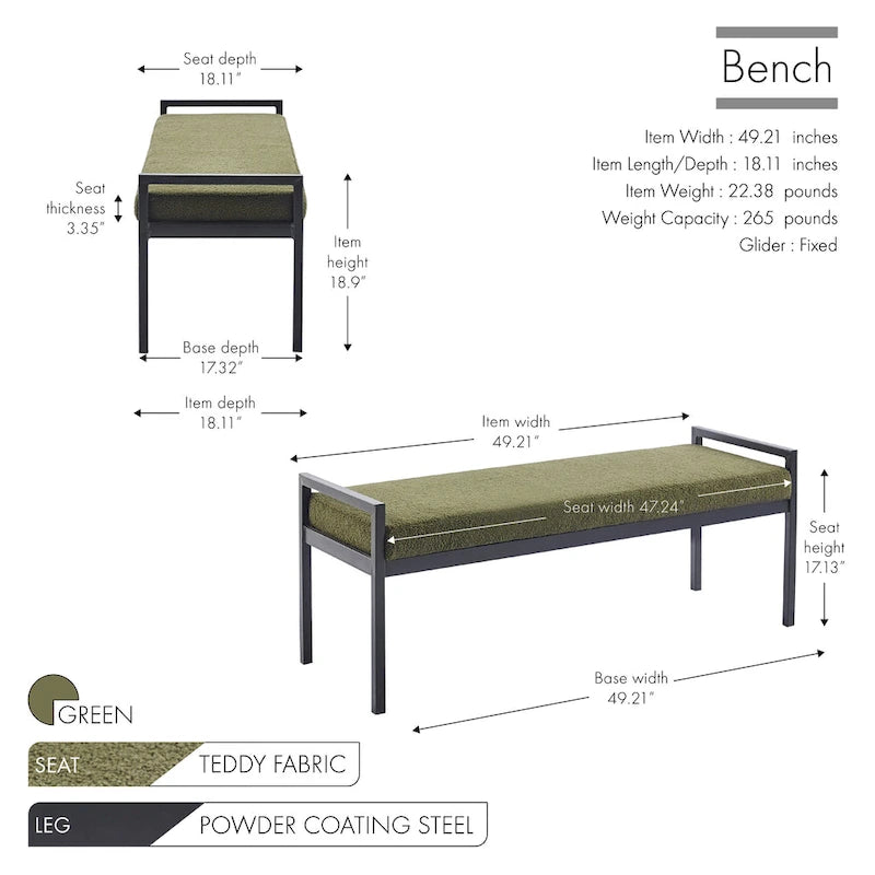 Banc rembourré en tissu Teddy avec pieds en acier
