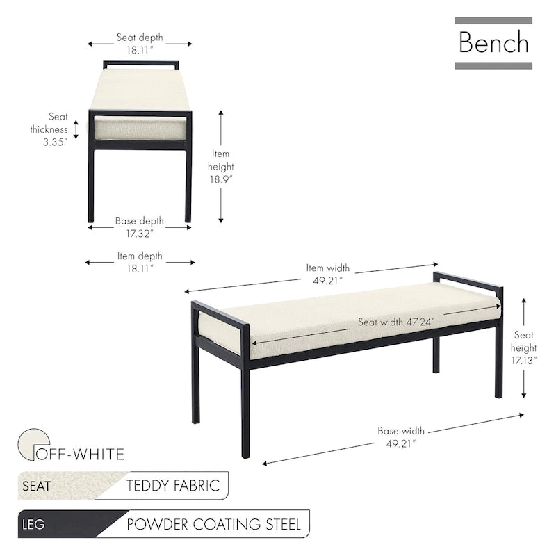 Banc rembourré en tissu Teddy avec pieds en acier