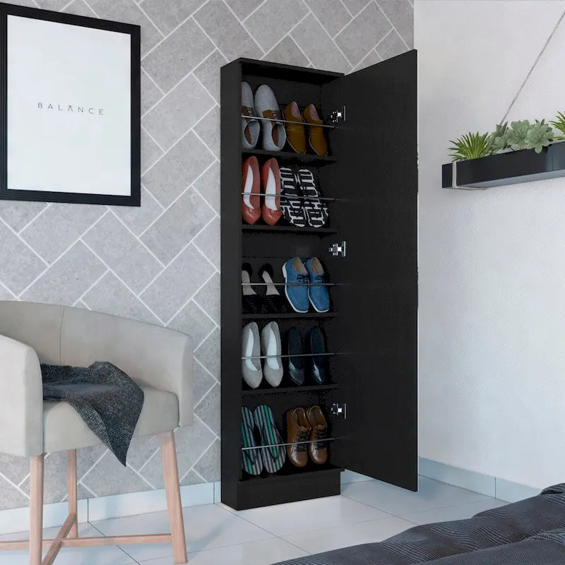 Schuhschrank mit Spiegel, fünf Innenfächern, eintüriger Schrank, weißes Finish